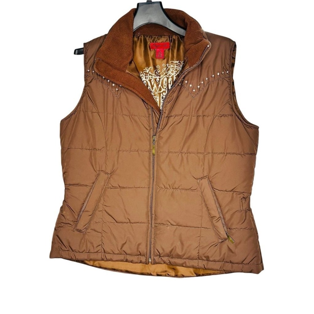 Cowgirl Up Women's Brown Beaded‎ Puffer Vest Size M Sleeveless western rodeo
